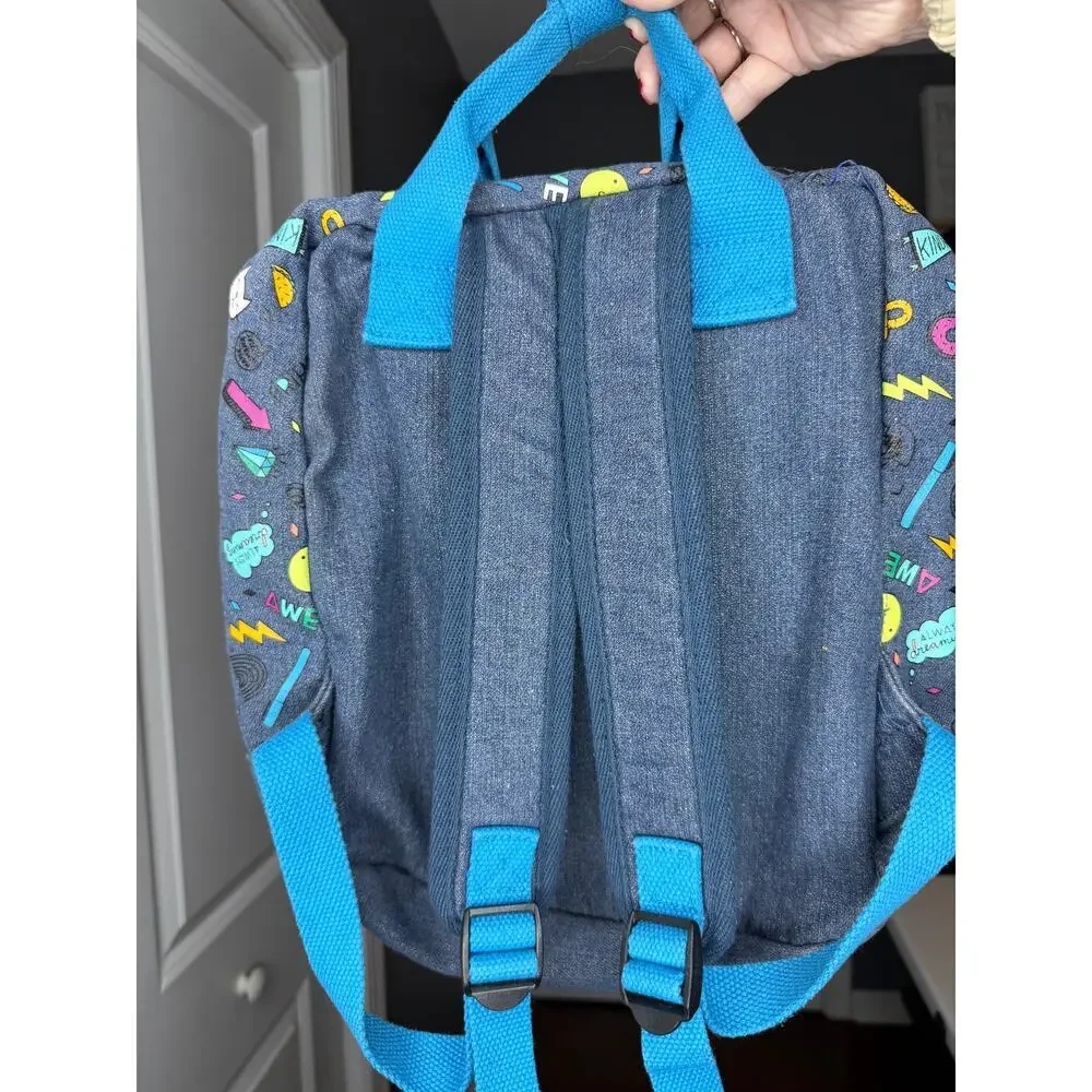 Cat & Jack blue washed denim backpack allover doodle colorful cats planets | GUC